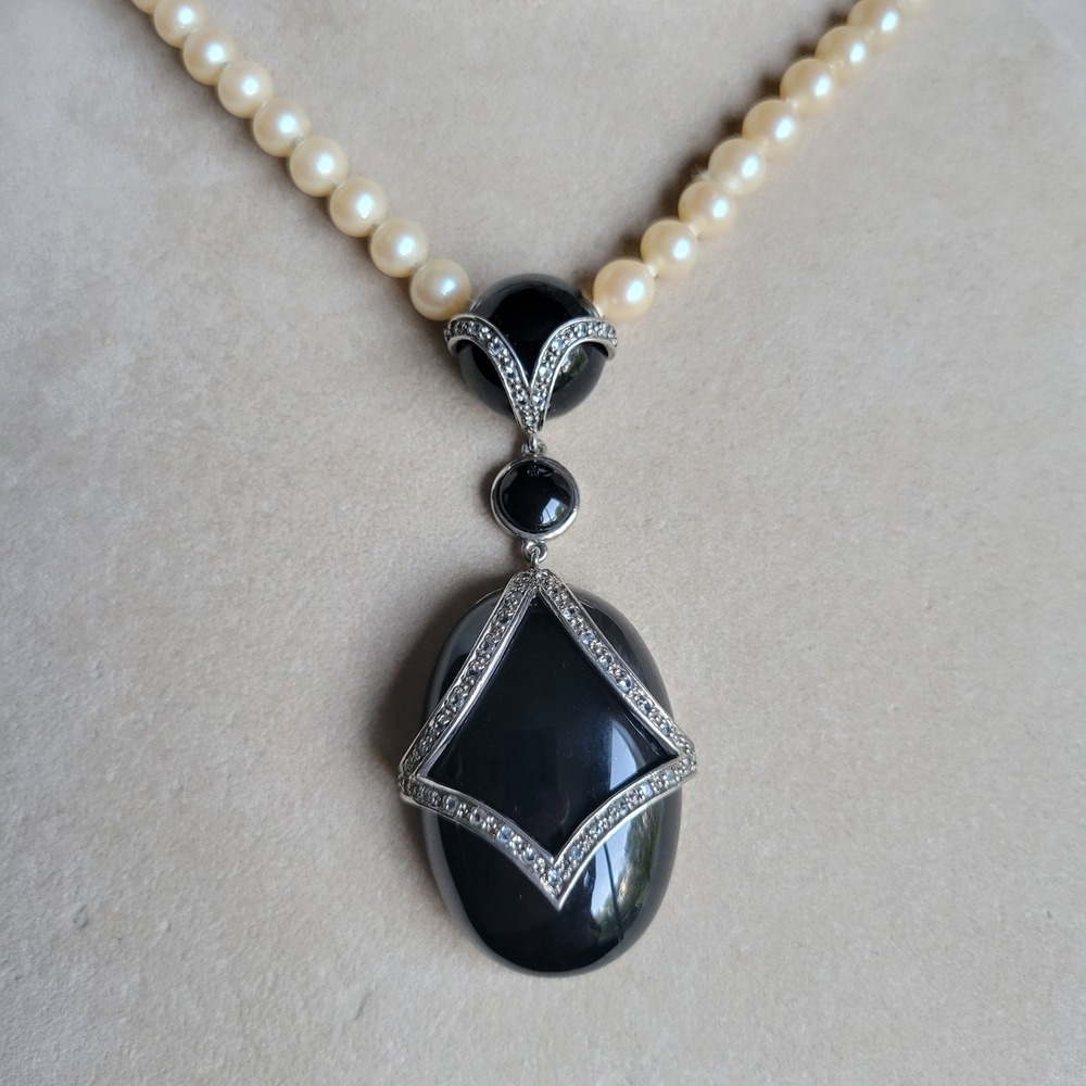 Vtg Onyx Sterling Silver Crystal Necklace Enhancer Pendant w/ faux pearls Deco